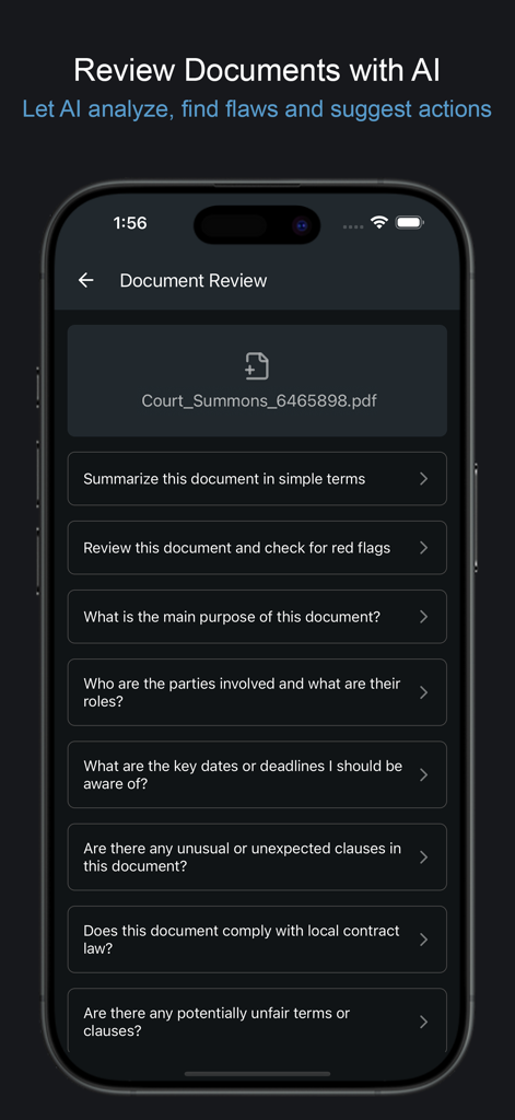 AI Lawyer: Legal Assistant - Interfaccia dell'app Avvocato IA che mostra una schermata di revisione documenti con opzioni per analizzare una citazione in giudizio PDF per segnali di pericolo e date chiave.