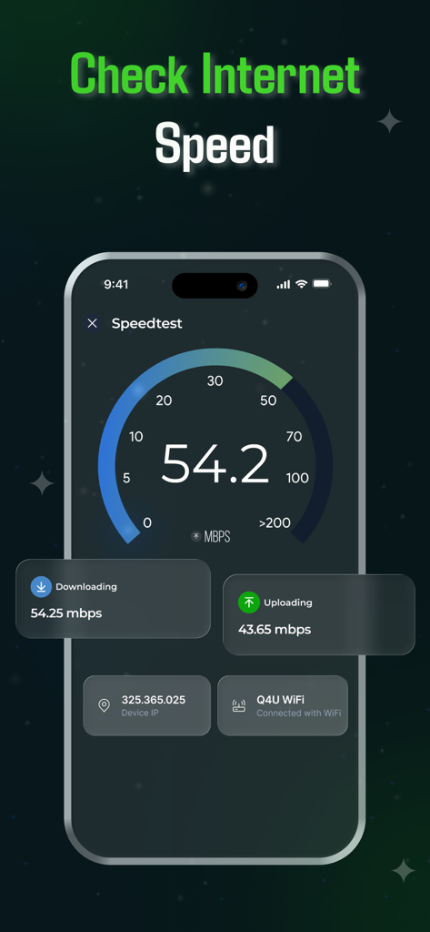 PlayFast - GFX 4X Game Booster - PlayFastアプリのインターネットスピードテスト機能をスマートフォンの画面に表示。ダウンロードおよびアップロードメトリクス付き。