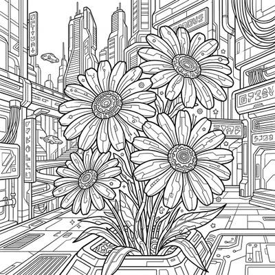 Explore an extraordinary fusion of nature and technology with our Cyberpunk Purple Daisies coloring page. This intricate design features mechanical daisies blooming against a backdrop of a futuristic city, inviting you to bring a high-tech garden to life with your colors.