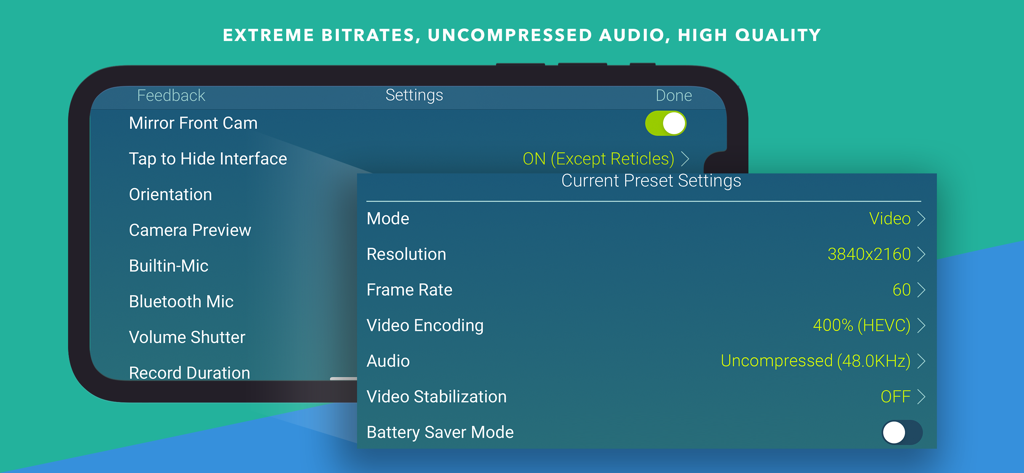 MoviePro app interface showing advanced video and audio preset settings like 4K resolution and uncompressed audio.
