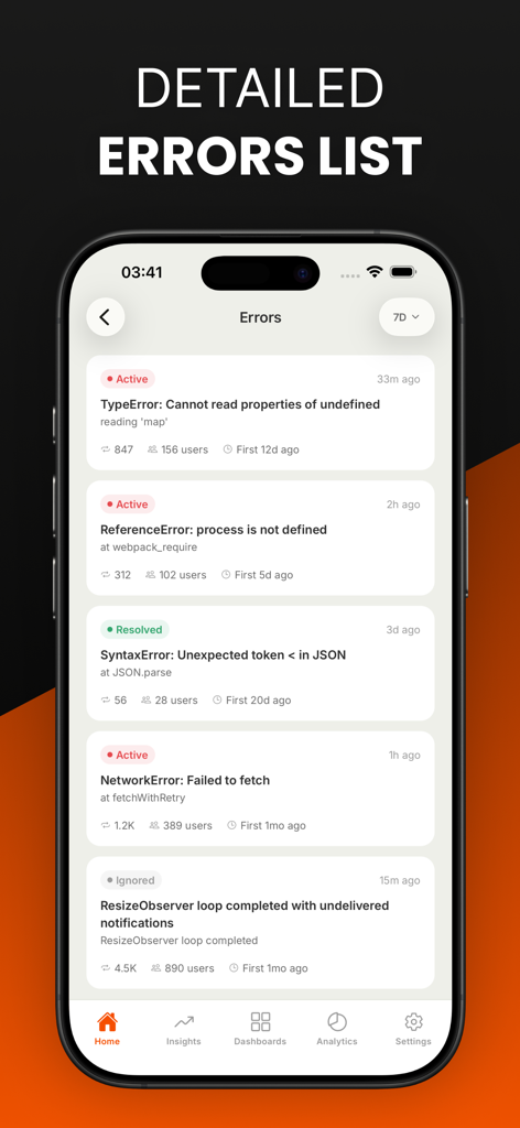 Hogit - PostHog Analytics - Tela móvel exibindo uma lista detalhada de erros de software com rótulos de status como ativo e resolvido