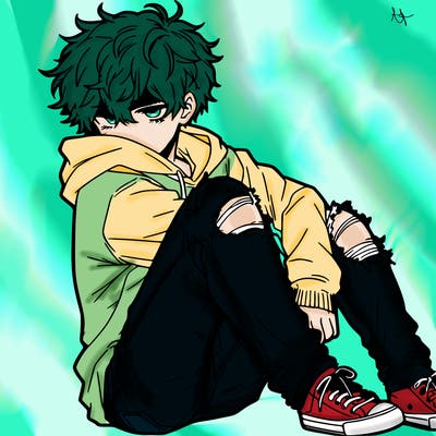 a male hoddie ripped jeans messy hair anime