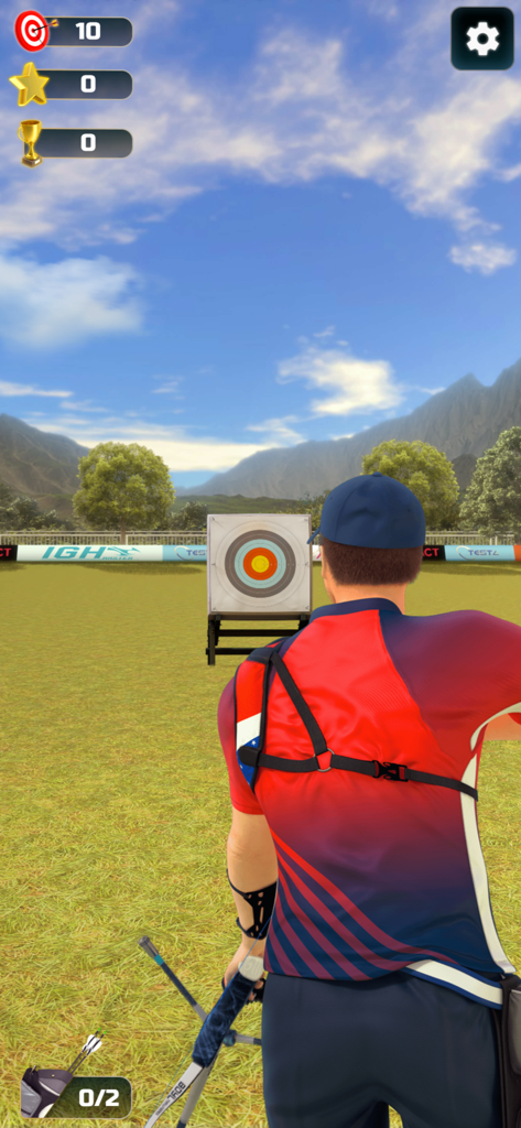 A 3D character aiming a bow at a target in a sunny outdoor archery field.