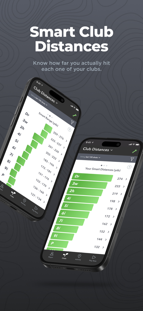 Arccos - Arccos app showing smart club distances and yardage tracking for golf clubs on two iPhones