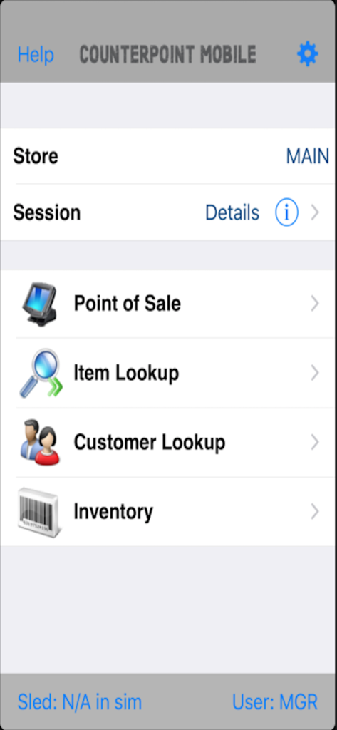 Menú principal de NCR CPMobile que muestra los módulos de Punto de Venta e Inventario