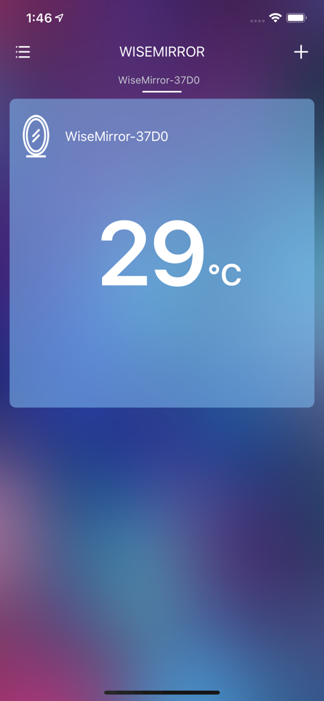 WiseMirror - 온도 29도 섭씨 표시가 있는 스마트 미러 장치가 연결된 WiseMirror 앱 인터페이스.