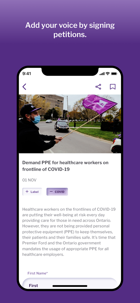 SEIU Healthcare - SEIU Healthcare app interface showing a petition page to demand PPE for frontline healthcare workers.