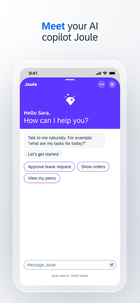 SAP Mobile Start - SAP Mobile Start app chat interface with Joule AI copilot for business tasks