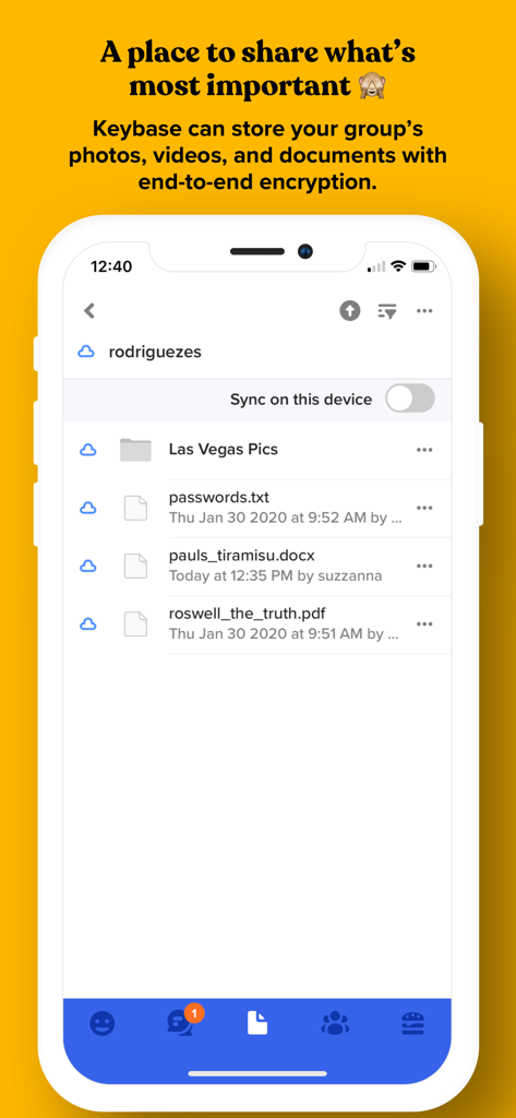 Keybase mobile app interface showing a list of files and folders with end to end encryption