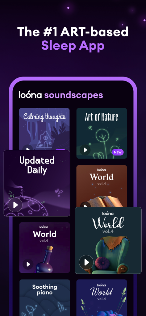Loóna: Sleep, reduce anxiety - Loona app interface displaying art-based soundscapes and daily updated sleep stories