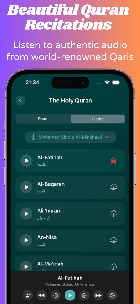 Daily Wisdom: Quran & Hadith - Screenshot of the Daily Wisdom app showing the Quran recitations player interface with a list of Surahs and audio controls
