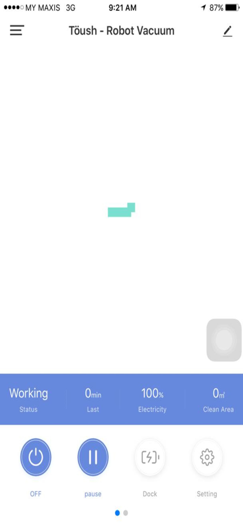 Interface do aplicativo móvel para o aspirador robô inteligente Toush mostrando detalhes de status e botões de controle remoto