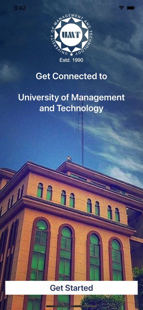 myUMT - Welcome screen of the myUMT app featuring the university logo and a Get Started button over a campus building background.