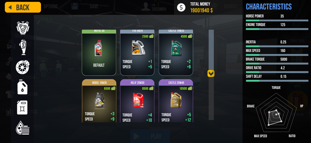 Nextgen: Truck Simulator - Pantalla de características del vehículo y mantenimiento en Nextgen Truck Simulator mostrando estadísticas del motor y mejoras de aceite de motor