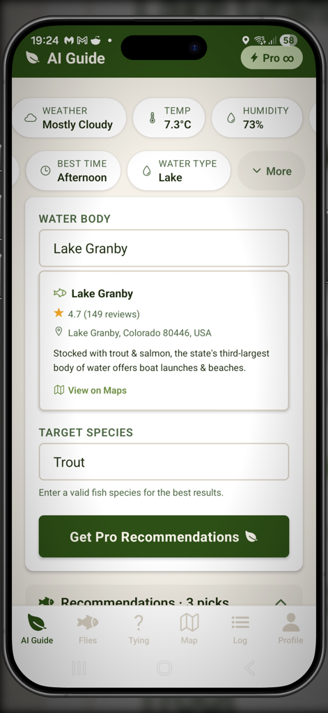 Fly Guide By HookedOnFlies - AI Guide screen in the Fly Guide app showing fishing recommendations for trout in Lake Granby Colorado