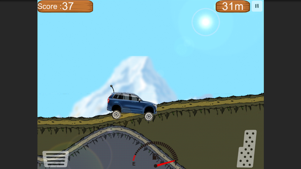 4X4 Top SUVs Climbing Hill Top Racing Game - A blue SUV driving on a bumpy hill track with a mountain background in a 2D physics racing game