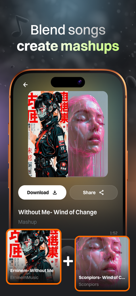 AI Music, Song Generator: Tune - Interface of the Tune AI Music app showing a feature to blend songs and create mashups.