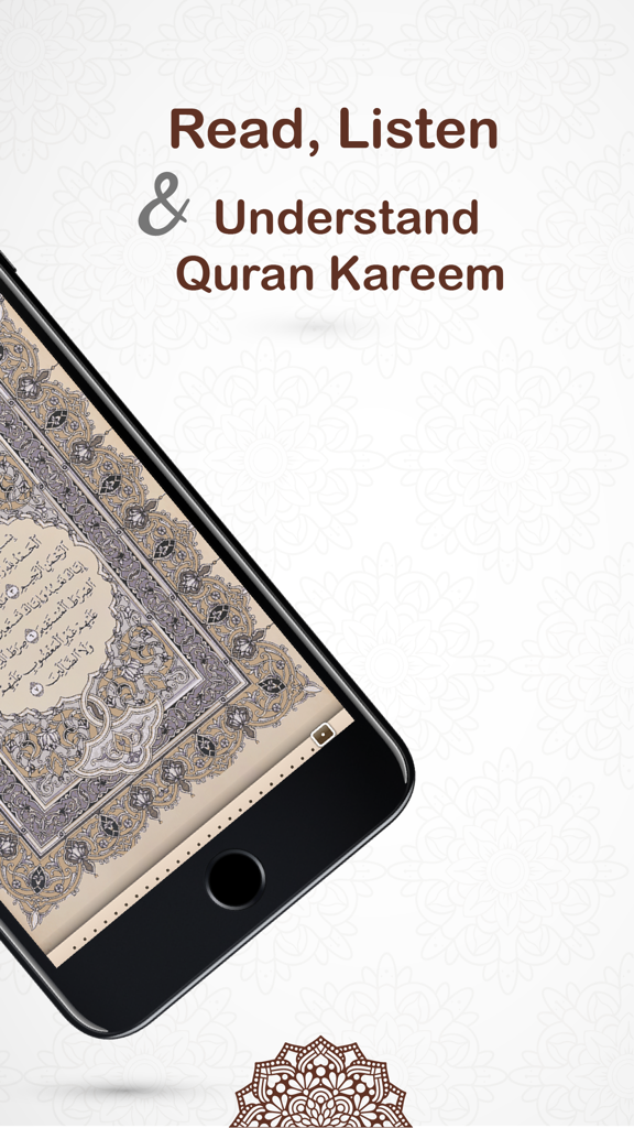 Quran Al Kareem القرآن الكريم - Smartphone che mostra l'app Corano Al Kareem con calligrafia araba e bordi decorativi