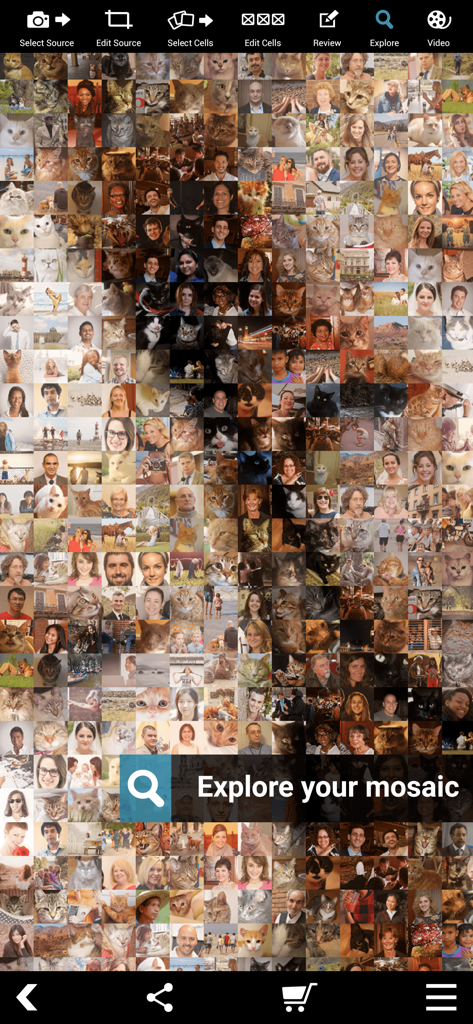 Detailed photo mosaic grid and explore feature in the Pro Photo Mosaic Creator app