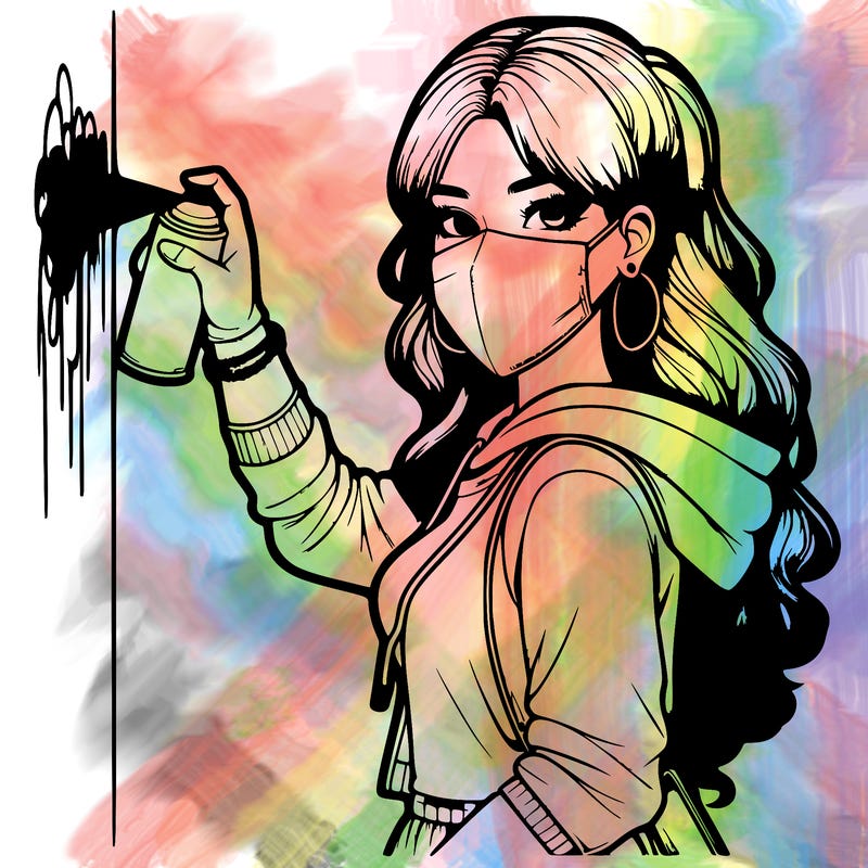 realistic girl with mask spray painting a wall