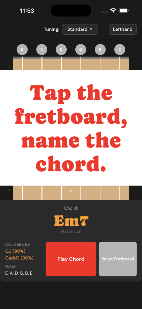 ChordSpotter - ChordSpotter app interface showing guitar chord identification for Em7 on a digital fretboard