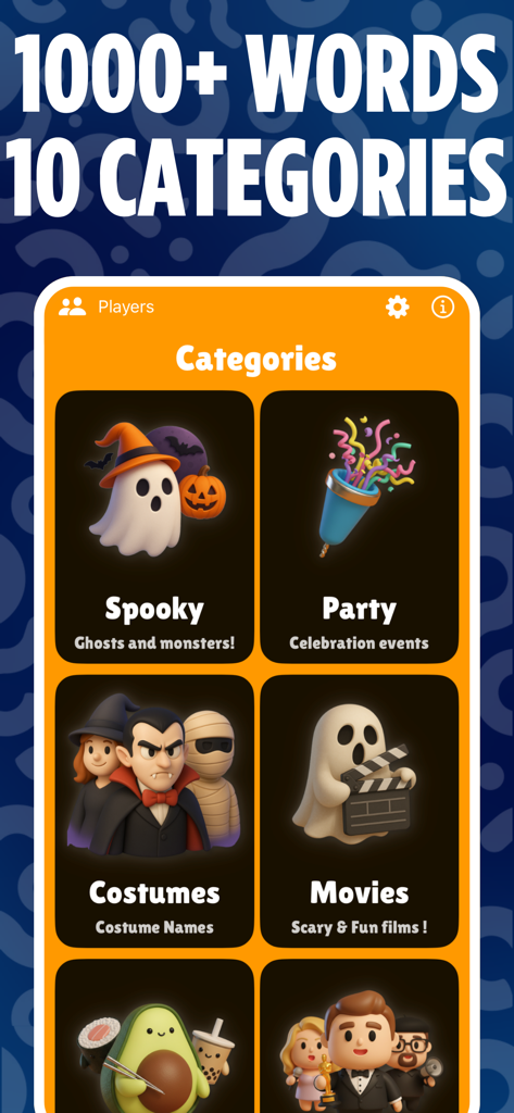 Screen showing game categories including Spooky, Party, Costumes, and Movies in the CapIt Impostor app.