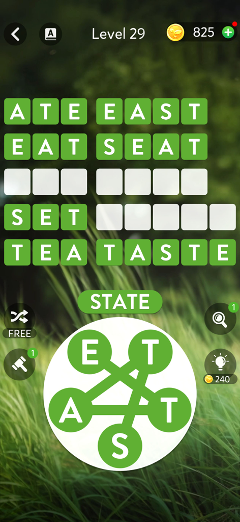 Zen Spell - Word Puzzle - Zen Spell word puzzle gameplay showing letter connections and completed words on a soft nature background.