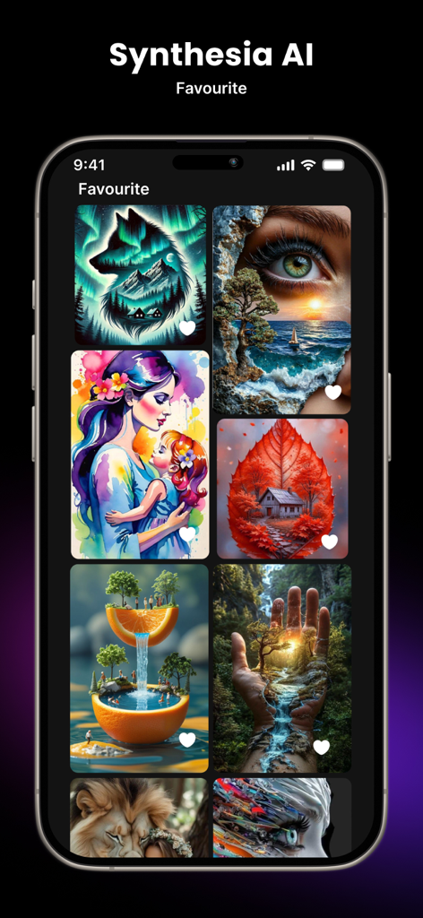 A mobile screen showing a gallery of saved AI generated artwork in the Synthesia AI app.