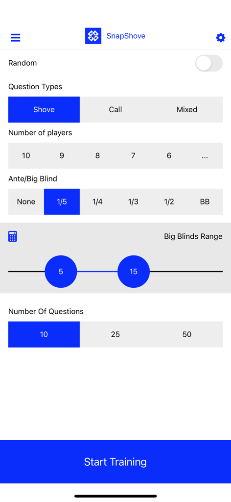 SnapShove Pro - Konfigurationsbildschirm des Trainingsmodus für die SnapShove Pro Poker-App mit anpassbaren Spieleinstellungen