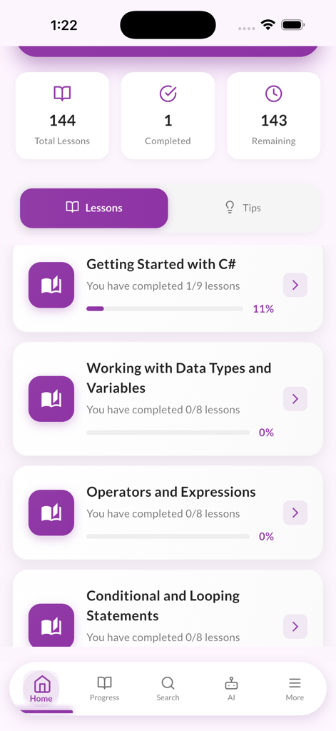 Uno screenshot del dashboard dell'app Learn C Sharp che mostra i progressi delle lezioni e un elenco di categorie di programmazione come Iniziare e Tipi di dati.