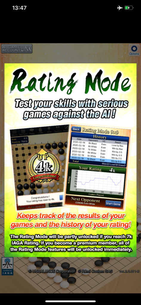 CrazyStone DeepLearning Rating Mode screen showing game history and rating progress chart