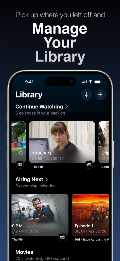 Binge: Movies and Shows - Captura de pantalla de la biblioteca de la aplicación Binge mostrando las secciones continuar viendo y próximos estrenos.