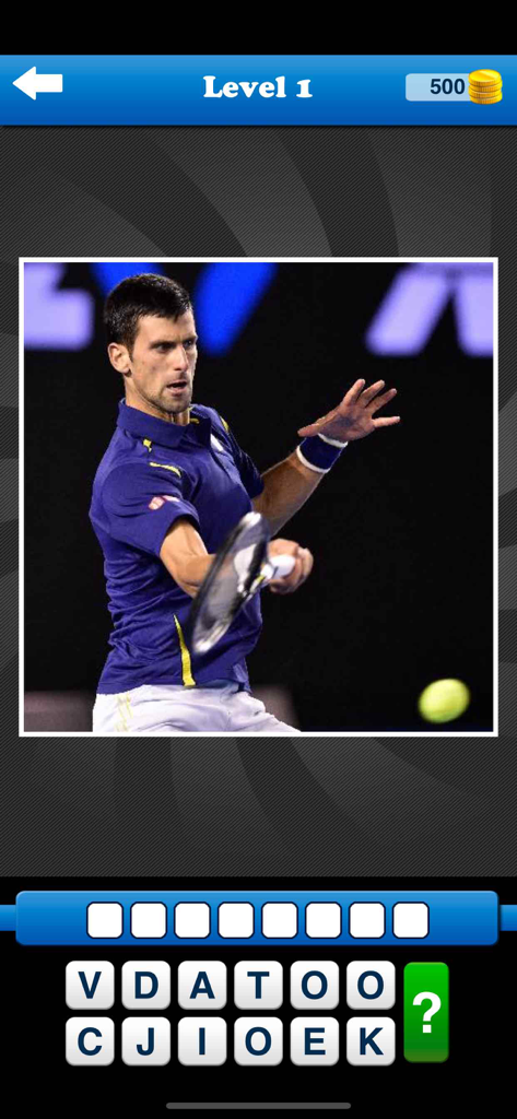 Whos the Player? Tennis Quiz! - Level 1 of the tennis quiz game showing a photo of Novak Djokovic for the player to identify