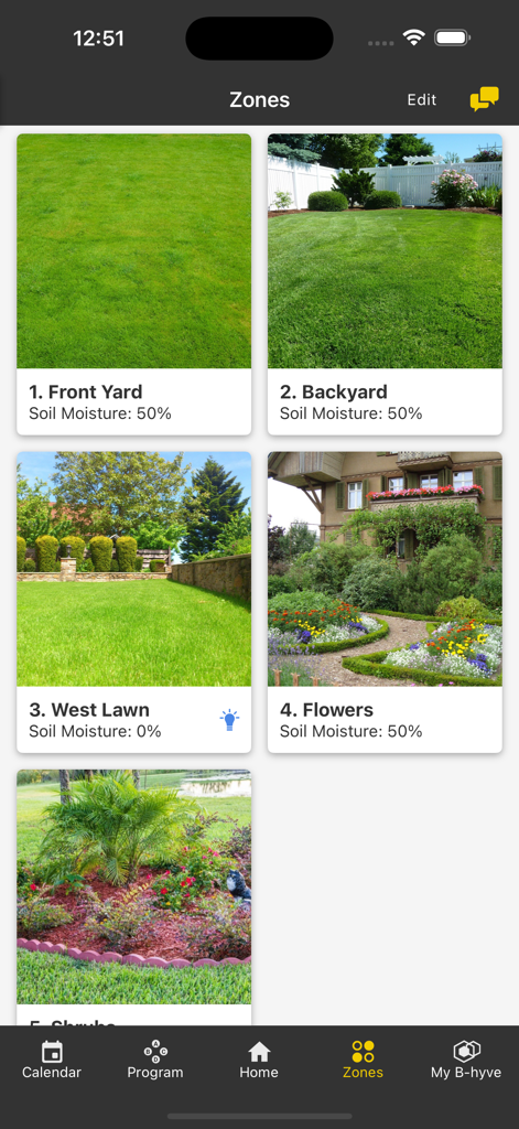 B-hyve app screen showing different watering zones and soil moisture levels