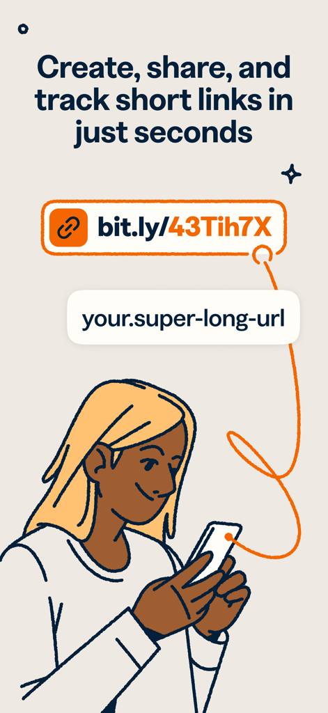 Bitly: Link Shortener - 長いURLから短いBitlyリンクを作成するためにスマートフォンを使用している女性のイラスト。