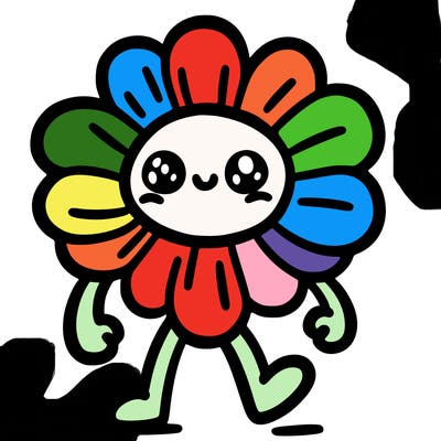a flower with legs and arms with a smiling face like 😁 with there eyes open
