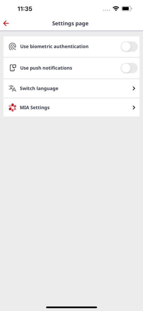 Settings page of the ProCredit Moldova app showing biometric authentication and language options