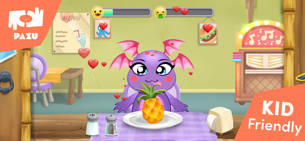 A purple monster character about to eat a pineapple in a kid friendly restaurant setting