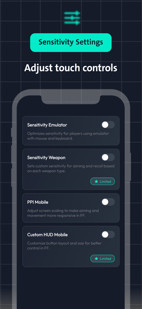 FFH Quatro - FFH Quatro app sensitivity settings screen showing options to adjust touch controls and weapon sensitivity for mobile gaming