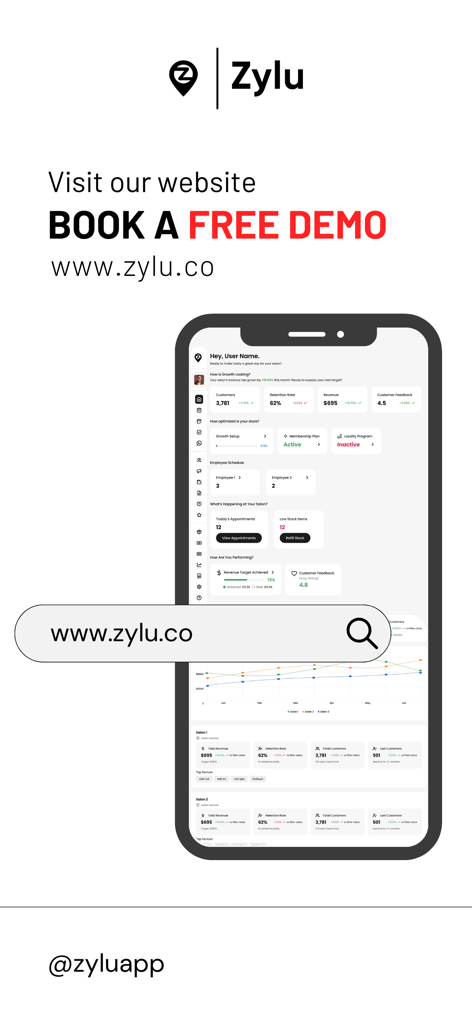 Zylu salon management app dashboard with business analytics and a call to book a free demo