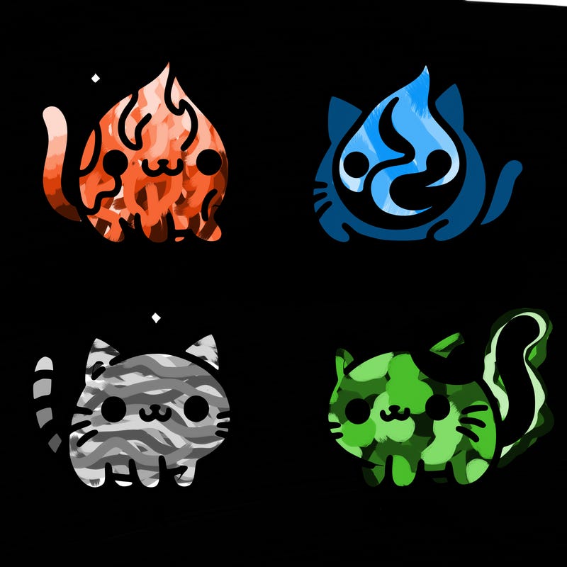 4 cats that represent the different elements, earth, water, air, and fire