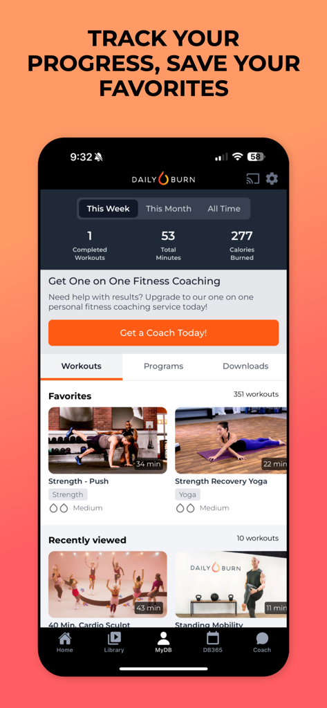 Daily Burn: At Home Workouts - Interface de l'application Daily Burn montrant les statistiques de remise en forme hebdomadaires et les vidéos d'entraînement préférées