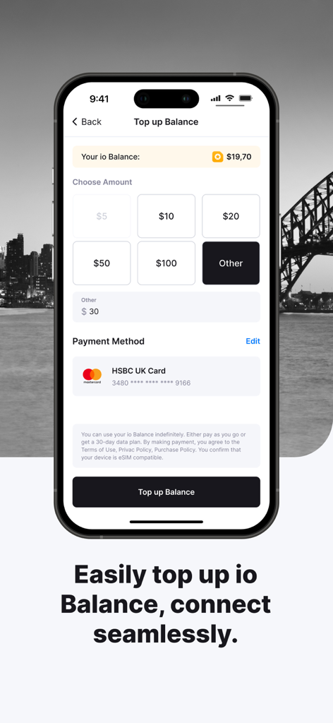 eSIM io: Global SIM Card - Interfaccia dell'app eSIM io per ricaricare il saldo del conto per dati internazionali