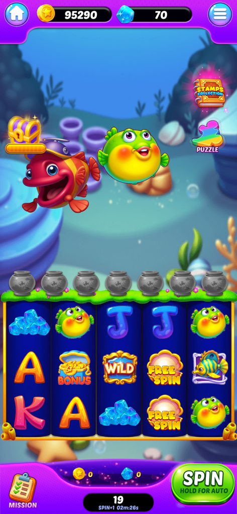 Jackpot Realms - Underwater themed slot machine interface in Jackpot Realms featuring colorful fish and treasure symbols