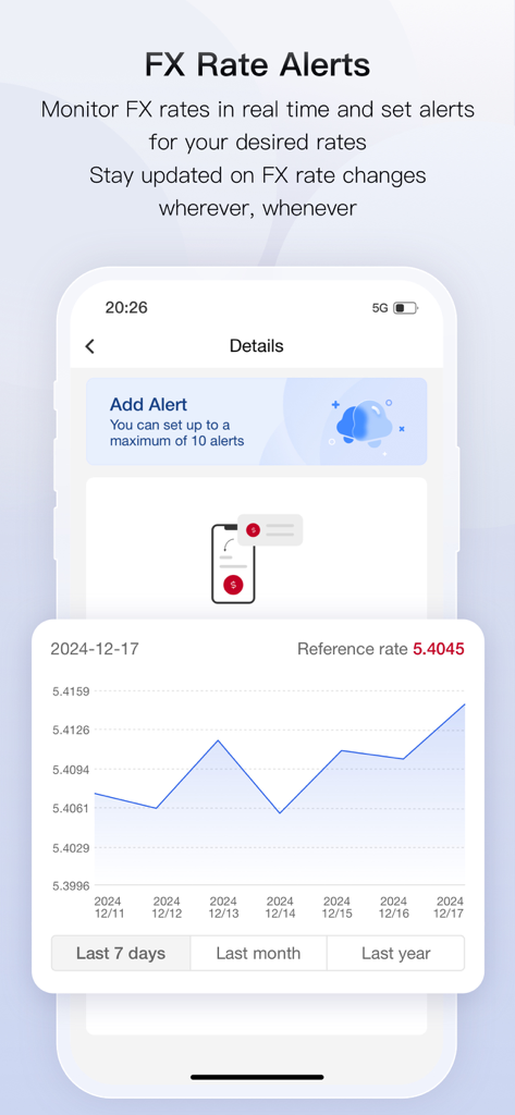 Bank of China mobile app interface displaying real-time FX rate alerts and a historical currency exchange rate chart.