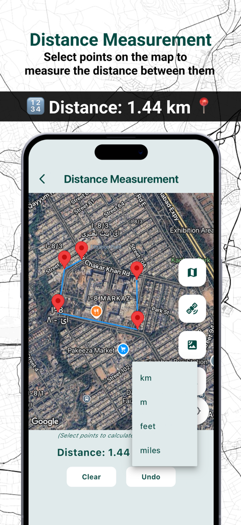 Live GPS Land Area Calculator - Interfaz que muestra la medición de distancia en un mapa satelital con marcadores rojos y menú de selección de unidades
