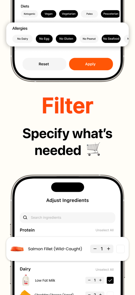 Sizzle - Discover, Shop, Cook! - Sizzle app interface showing dietary filters for allergies and adjustable ingredient lists for shopping.