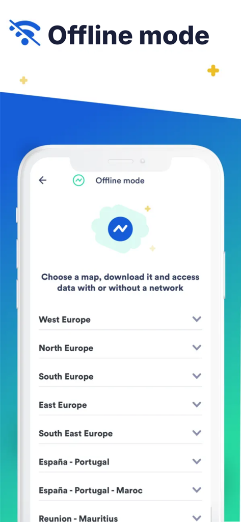 Park4night app interface showing offline mode with a list of downloadable maps for various regions