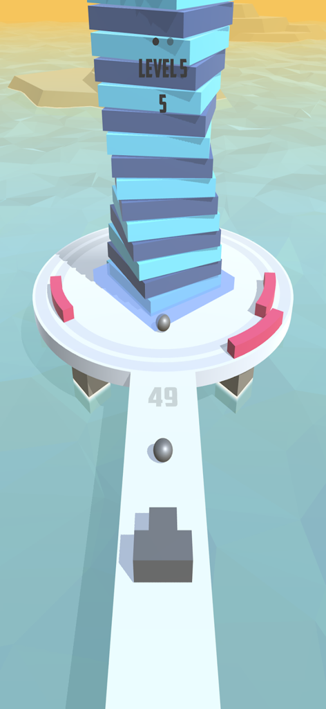 Fire Balls 3D - Fire Balls 3Dのゲームプレイ。青いブロックのスタックと移動する障害物にボールを発射するボールキャノンが表示されています。