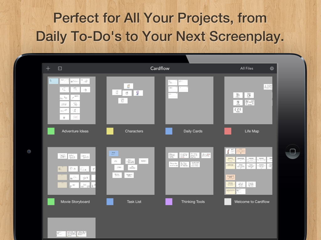 Cardflow: Index & Flash Cards - Cardflow app on iPad displaying multiple visual boards for storyboarding, task lists, and creative projects.